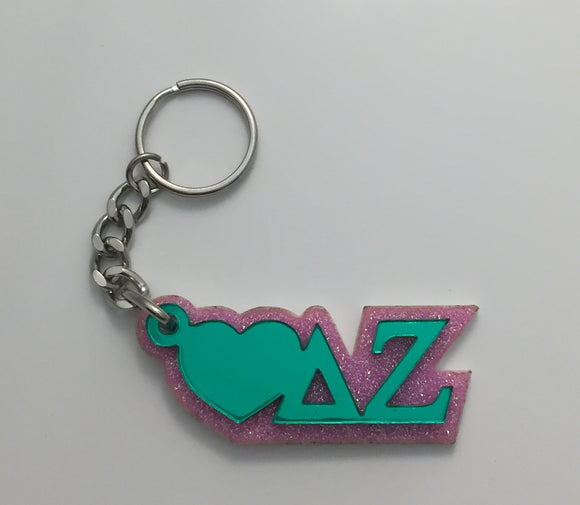 Delta Zeta - Love Delta Zeta with Green Mirror Heart and Letters on Pink Glitter Keychain