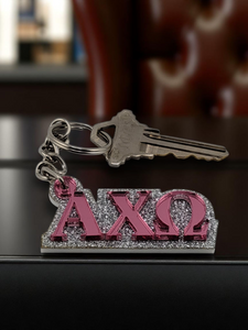 Alpha Chi Omega Pink Keychain, A Chi O Mirror Key Fob, Sorority Glitter Key Ring, Fraternity Greek Life Keychain -  1007-231572-061925