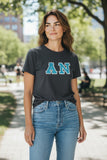 Alpha Nu Comfort Colors Black T-Shirt with Teal on Silver Zigzag Sewn Twill Letters