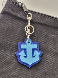 Anchor - PURSE Zipper Pull Keychain-Blue Mirror Letters on Dark Blue Glitter Backing