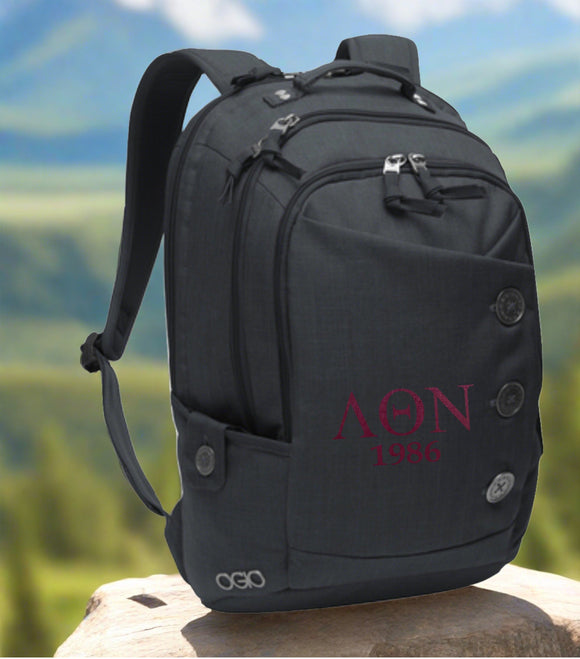 Lambda Theta Nu-OGIO® Ladies Melrose Backpack; Embroidered- STS-414004-BACPAC-BLK-LTR