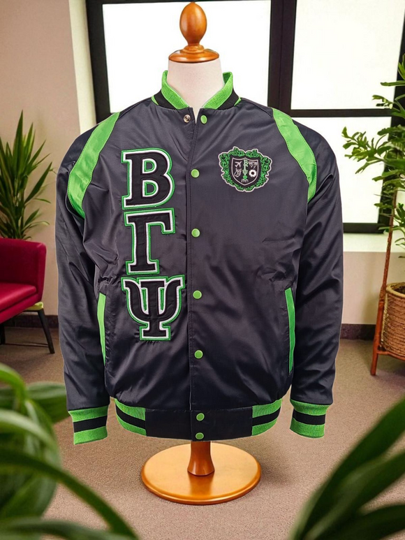 Beta Gamma Psi Bomber Jacket, Sorority Jacket in Black and Green, Greek Embroidered Jacket