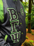 Beta Gamma Psi Bomber Jacket, Sorority Jacket in Black and Green, Greek Embroidered Jacket