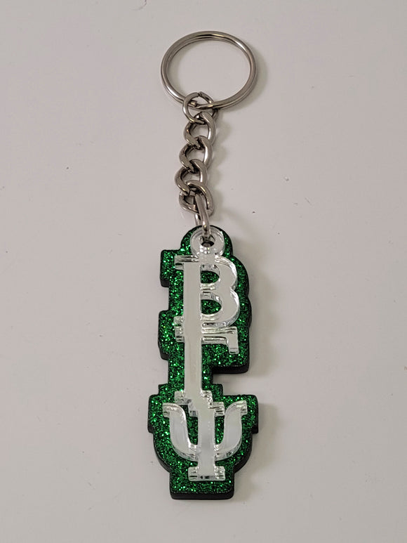 Beta Gamma Psi - Keychain with Mirror Front and Emerald Glitter Background