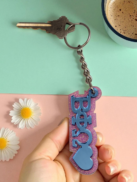 Beta Phi Omega Blue Keychain, Go Greek Mirror Key Fob, Sorority Glitter Key Ring, Fraternity Greek Life Keychain