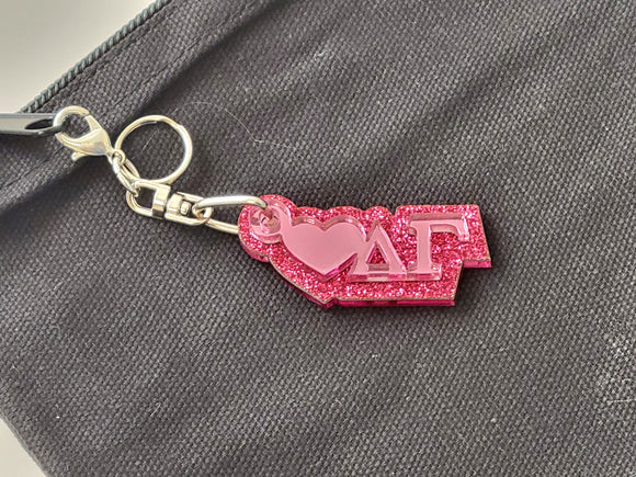 Delta Gamma -PURSE Zipper Pull Keychain-Pink Mirror Letters on Hot Pink Glitter Backing-DG-03-KEY-ZIPPULL - 1024-01265E-082924