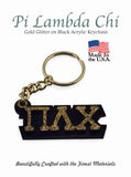Pi Lambda Chi Keychain: Gold Glitter on Black Acrylic Sorority Key Fob