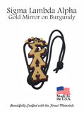 Sigma Lambda Alpha Tiki Necklace For Multi Cultural Sorority: Gold Mirror on Burgundy Glitter Acrylic