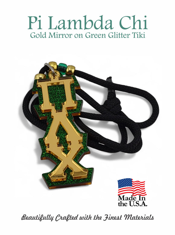 Pi Lambda Chi Tiki Necklace For Multi Cultural Sorority: Gold Mirror on Green Glitter