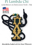 Pi Lambda Chi Tiki Necklace For Multi Cultural Sorority: Gold Mirror on Dark Green Twill