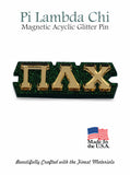 Pi Lambda Chi Magnetic Jewelry Pin with Greek Letters: Gold Mirror on Green Glitter