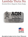 Lambda Theta Nu Name Badge for Events and Meetings: Brushed Silver, Rose, and Letters