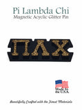Pi Lambda Chi Magnetic Jewelry Pin with Greek Letters: Gold Glitter on Black Acrylic