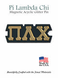 Pi Lambda Chi Magnetic Jewelry Pin with Greek Letters: Gold Mirror on Black Acrylic