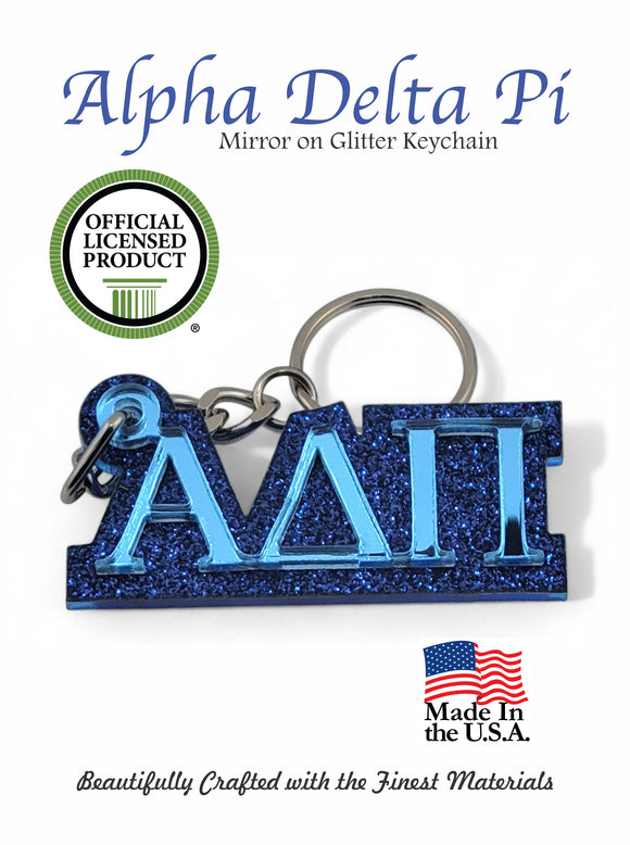 Alpha Delta Pi Blue Keychain,  AD Pi Mirror Key Fob, Sorority Glitter Keyring, Bid Day Big Little Gift Key Chain - 1008-B0E879-050323