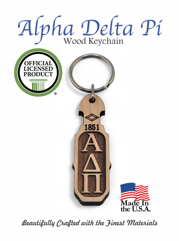Alpha Delta Pi Wood Keychain, AD Pi Laser Engraved Key Fob, Sorority Maple Keyring, Bid Day Big Little Gift Key Chain - 1008-C13E0F-051925