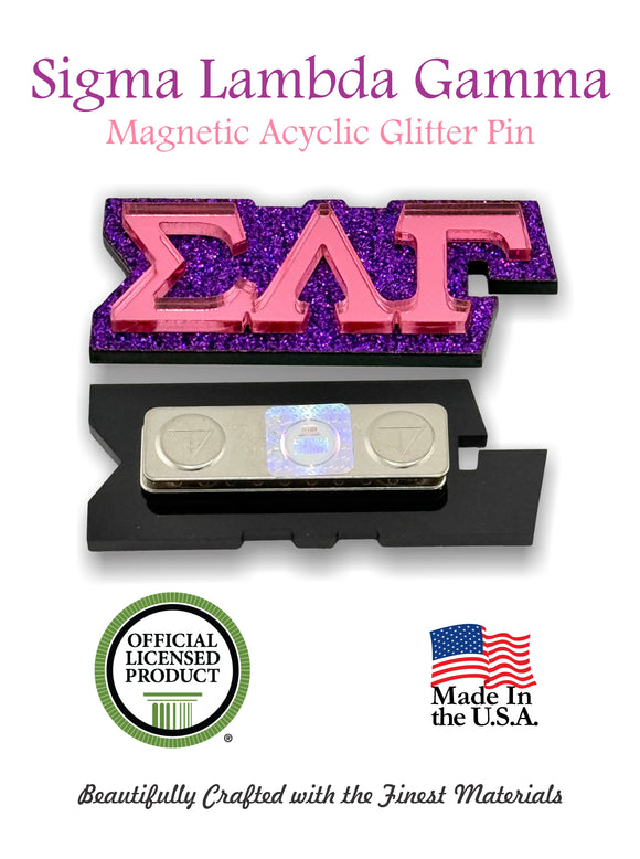 Sigma Lambda Gamma Magnetic Pin, SLG Greek Letters Jewelry Badge - Mirror with Glitter - 1094-EBF46A-050323