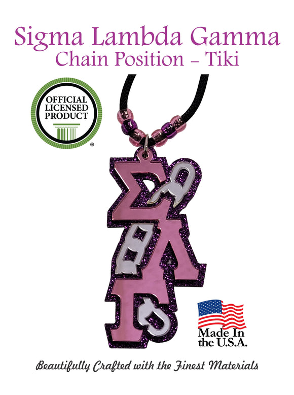 Sigma Lambda Gamma Tiki: Chain Position, Pink Mirror on Purple Glitter, SLG Jewelry Badge - 1094-40FB3C-042225