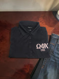 Omega Phi Chi Ladies Black Polo Shirt: Embroidered in Pink with Letters and Founding Year, Dry Zone® Sport-Tek® L475-POLO - 29549-3DD2BC-091026