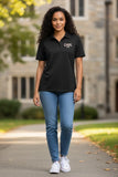 Omega Phi Chi Ladies Black Polo Shirt: Embroidered in Pink with Letters and Founding Year, Dry Zone® Sport-Tek® L475-POLO - 29549-3DD2BC-091026