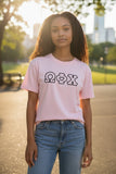Omega Phi Chi Comfort Colors Rose Quartz T-Shirt with Black on Pink Zigzag Sewn Twill Letters and Heart -