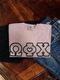 Omega Phi Chi Comfort Colors Rose Quartz T-Shirt with Black on Pink Zigzag Sewn Twill Letters and Heart -