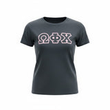 Omega Phi Chi Comfort Colors Black T-Shirt with Black on Pink Zigzag Sewn Twill Letters - 29549-D0F77F-070126