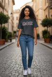 Omega Phi Chi Comfort Colors Black T-Shirt with Black on Pink Zigzag Sewn Twill Letters - 29549-D0F77F-070126