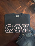 Omega Phi Chi Comfort Colors Black T-Shirt with Black on Pink Zigzag Sewn Twill Letters - 29549-D0F77F-070126