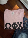 Omega Phi Chi Pink V-Neck T-Shirt with Black Glitter Letters - DM1170L - 29549-2DEC18-062226
