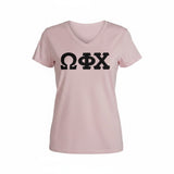 Omega Phi Chi Pink V-Neck T-Shirt with Black Glitter Letters - DM1170L - 29549-2DEC18-062226