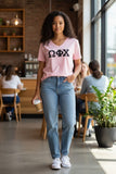 Omega Phi Chi Pink V-Neck T-Shirt with Black Glitter Letters - DM1170L - 29549-2DEC18-062226