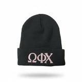 Omega Phi Chi Embroidered Beanie: Pink Letters in Black - CP90 - 29549-78DD62-062226