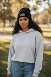 Omega Phi Chi Embroidered Beanie: Pink Letters in Black - CP90 - 29549-78DD62-062226