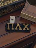 Pi Lambda Chi Magnetic Jewelry Pin with Greek Letters: Gold Glitter on Black Acrylic