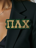 Pi Lambda Chi Magnetic Jewelry Pin with Greek Letters: Gold Mirror on Green Glitter