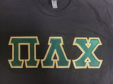 Pi Lambda Chi Black T-Shirt: Single Stitched Hunter Green Letters on Metallic Gold - NL3600