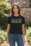 Pi Lambda Chi Black T-Shirt: Single Stitched Hunter Green Letters on Metallic Gold - NL3600
