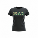 Pi Lambda Chi Black T-Shirt: Single Stitched Hunter Green Letters on Metallic Gold - NL3600