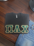 Pi Lambda Chi Black T-Shirt: Single Stitched Hunter Green Letters on Metallic Gold - NL3600