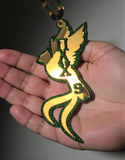 Pi Lambda Chi Quetzal Tiki: Green Glitter Letters and Number on Gold Mirror Acrylic and Green Glitter Trim