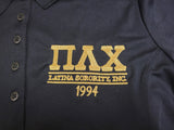 Pi Lambda Chi Ladies Black Polo Shirt: Embroidered in Metallic Gold with Letters and Latina Sorority Inc., Dry Zone® Sport-Tek® L475-POLO
