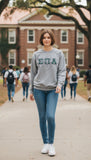 Sigma Pi Alpha 4662M Jerzees Crewneck Sweatshirt with Midnight Green Letters and White Thread on Shimmering Gold and Black Thread