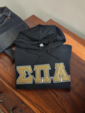 Sigma Pi Alpha Black Hooded Sweatshirt with Shimmering Letters on Dark Greek and White