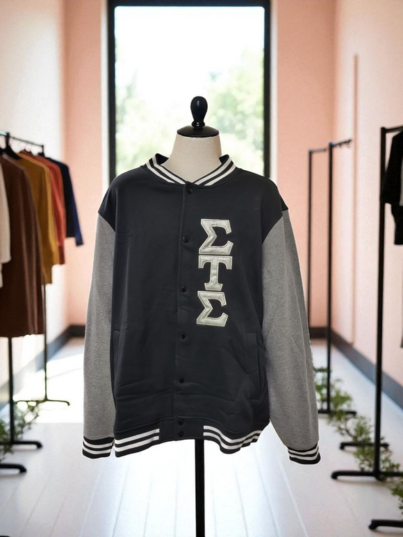 Sigma Tau Sigma ST270  Sport-Tek® Fleece Letterman Jacket, Sorority Coat with Satin Stitch Silver Letter, Greek Life with Metallic Letters