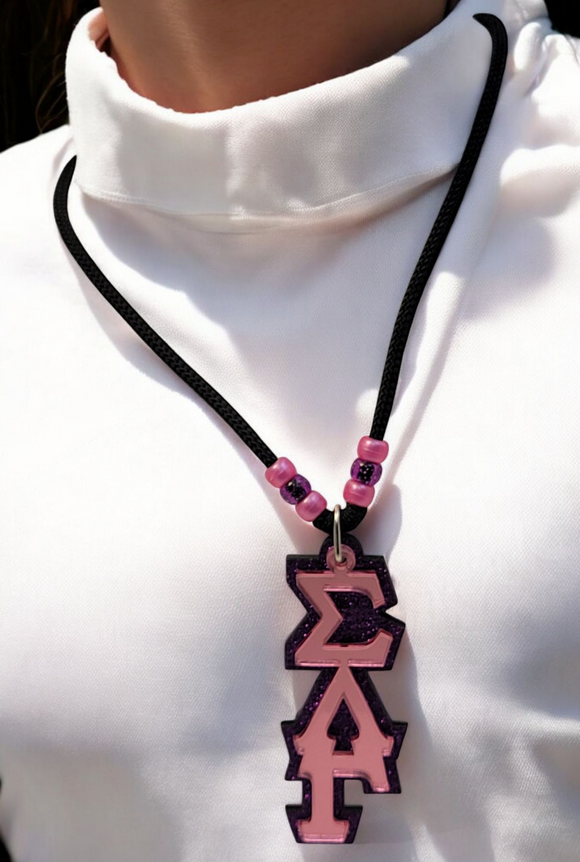 Sigma Lambda Gamma Tiki, SLG Acrylic Teekee, Sorority Pink Mirror on Purple Glitter Necklace - 1094-952F34-050323