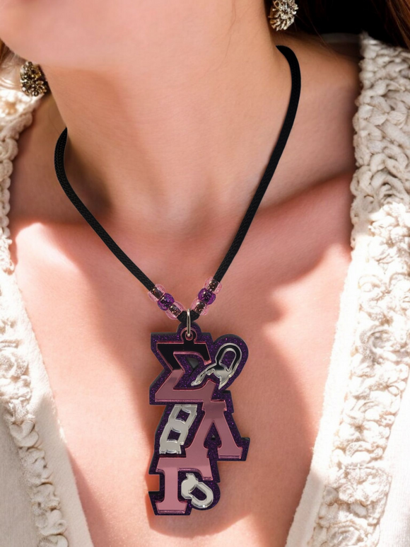 Sigma Lambda Gamma Tiki: Chain Position, Pink Mirror on Purple Glitter, SLG Jewelry Badge - 1094-40FB3C-042225