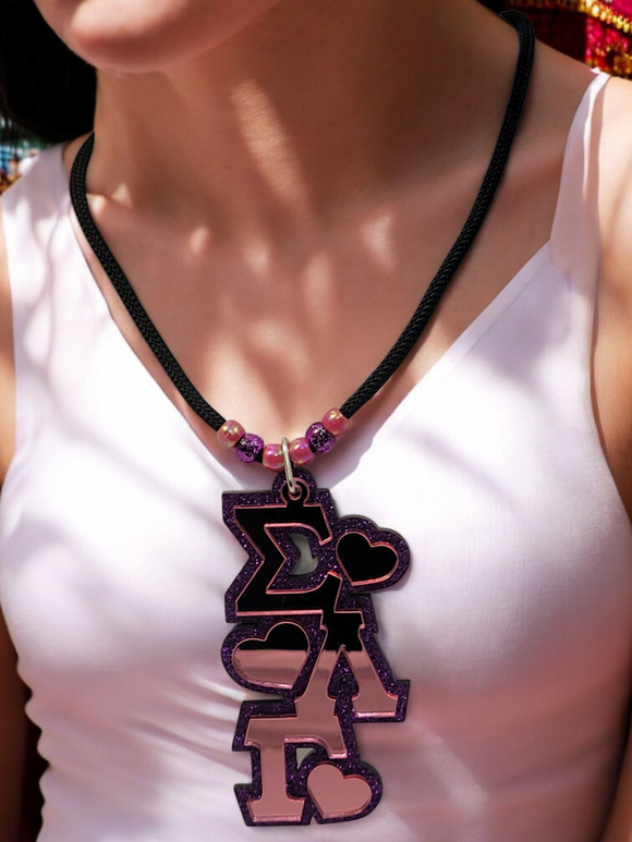 Sigma Lambda Gamma Tiki, SLG Heart Position Necklace, Sorority Pink Mirror on Purple Glitter Pendant,  - 1094-AC9C3A-051525