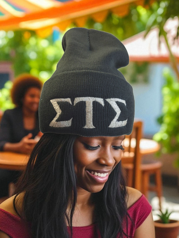 Sigma Tau Sigma–Knit Cap; Embroidered-Beanie-CP90 Port & Company®-STS-CP90-BLK-LTR