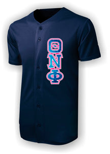 Theta Nu Phi-Baseball Jersey; Button-up with Greek Letters;-QNF-ST220-BBJ-BUTTON-NVY